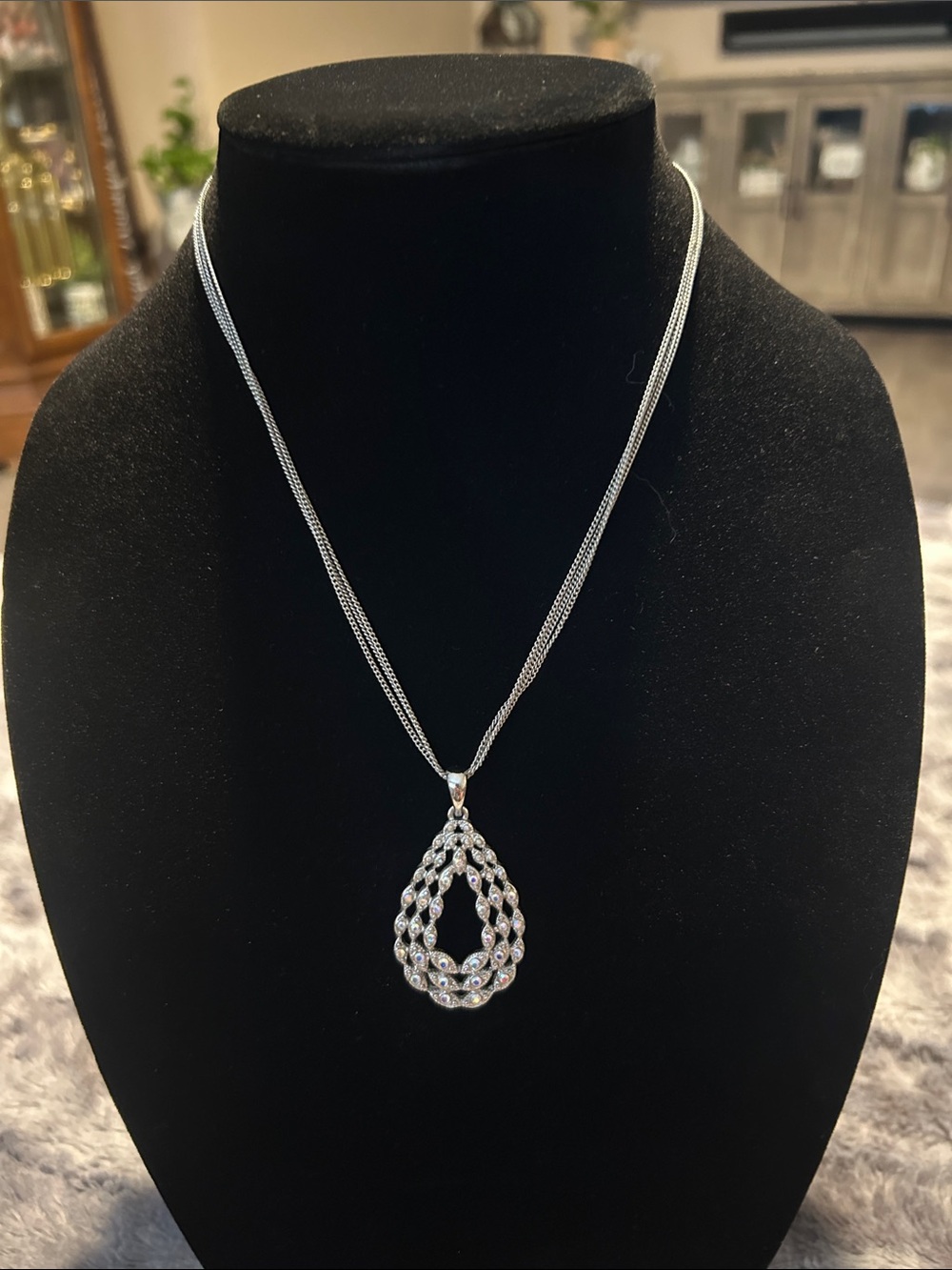 Sterling Silver Teardrop Crystal Pendant Necklace - Silver